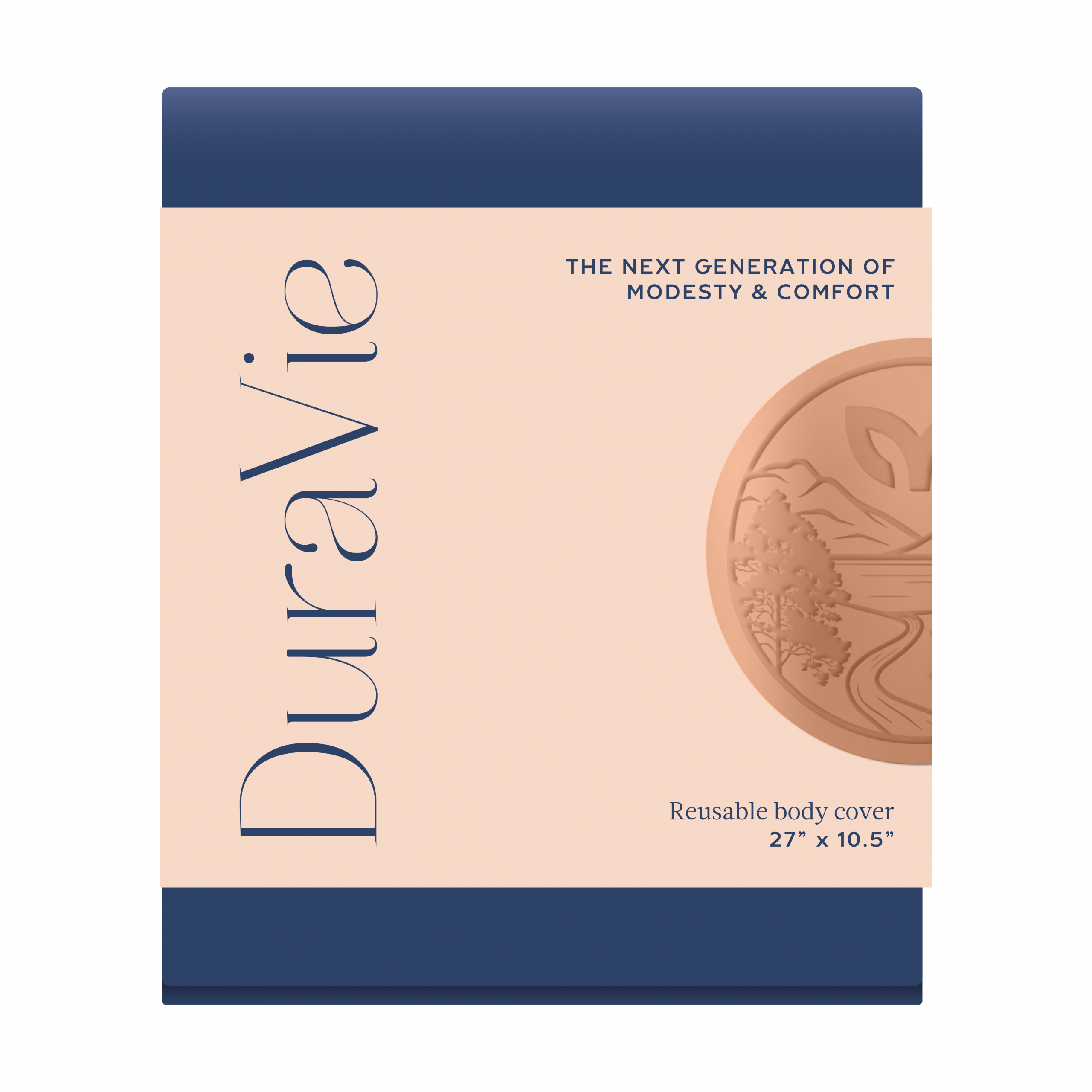 Original dark blue DuraVie body wrap with peach label.