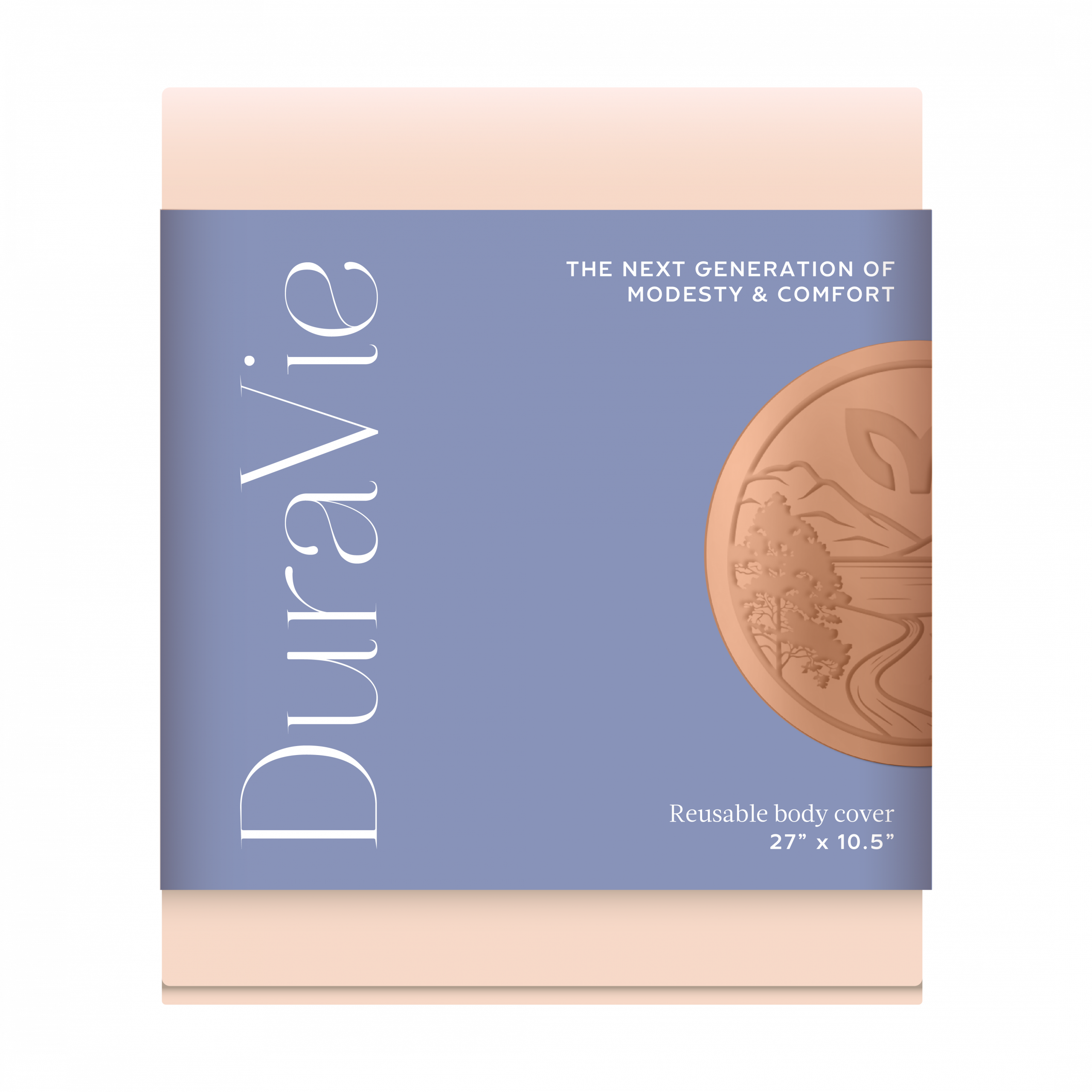Peach colored DuraVie body wrap with periwinkle blue label